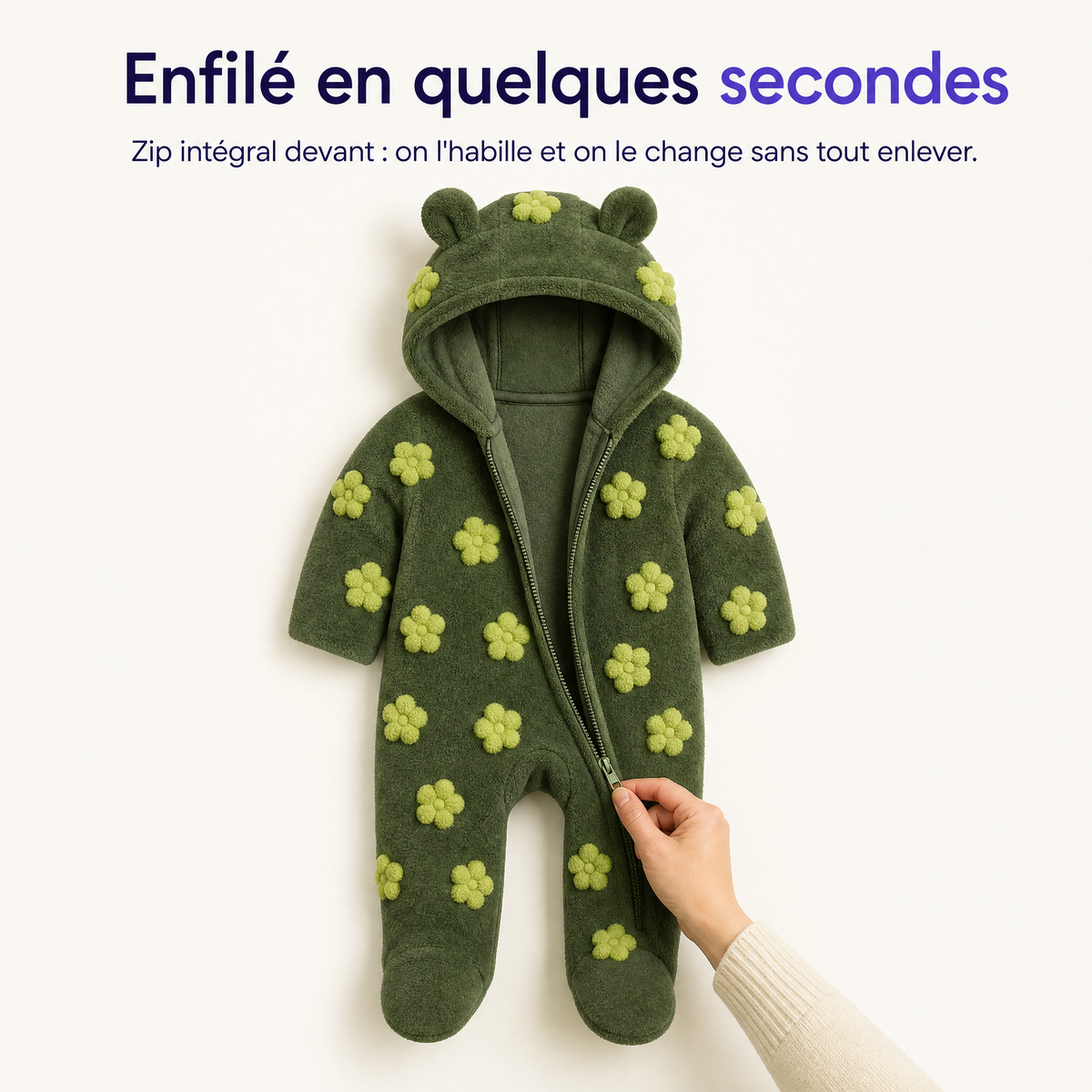 Zip intégral devant pour l'enfiler en quelques secondes